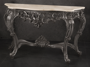 Console Style Baroque dorée, plateau marbre noir, vue d'ensemble