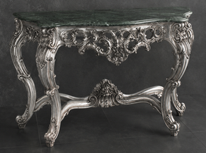Console Baroque dorée, plateau marbre noir, détail plateau marbre