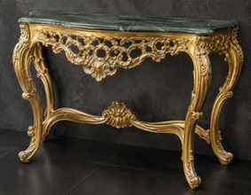 Console Baroque dorée, plateau marbre noir, vue de profil