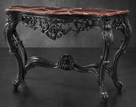 Console Style Baroque dorée, plateau marbre noir, vue de face