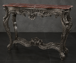 Console Baroque noire, plateau marbre rouge, détail entretoise