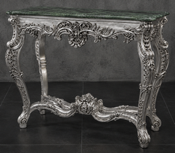Console Baroque noire, plateau marbre rouge, vue de profil