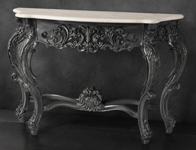 Console Baroque plateau marbre beige, détail moulures