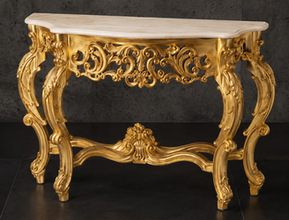 Console Style Baroque plateau marbre noir, détail pieds sculptés