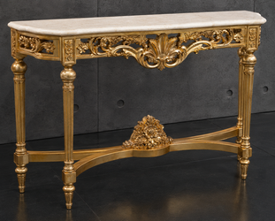 Console Baroque Style Louis XVI dorée, plateau marbre blanc