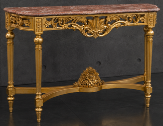 Console Louis XVI Baroque dorée, plateau marbre beige