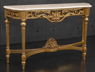 Console Baroque Style Louis XVI dorée, plateau marbre crème