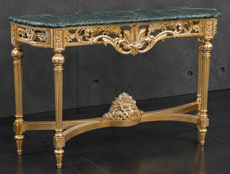 Console Louis XVI Baroque dorée, plateau marbre noir