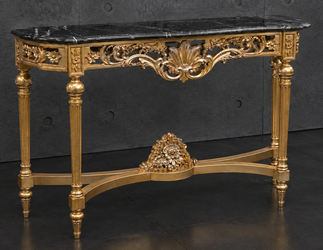 Console Baroque Style Louis XVI dorée, plateau marbre rouge
