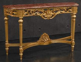 Console Louis XVI Baroque dorée, plateau marbre vert