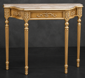 Console Louis XVI Empire dorée, plateau marbre beige