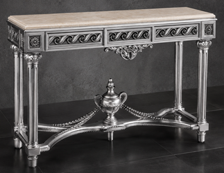 Console Baroque Style Romain argentée, plateau marbre vert