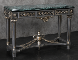 Console Romaine Style Baroque argentée, plateau marbre rouge
