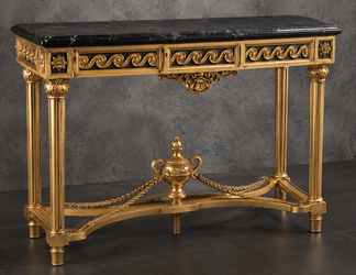 Console Romaine Style Baroque dorée, plateau marbre blanc