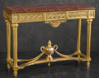 Console Baroque Style Romain dorée, plateau marbre noir