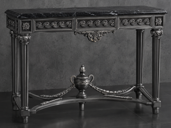 Console Romaine Style Baroque laquée grise, plateau marbre blanc