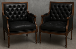 Fauteuil cuir noir capitonné style Louis XVI - Meubles DOBOIS