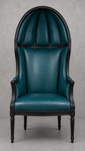 Fauteuil carrosse style Louis XVI cuir bleu pétrole avec bois noir