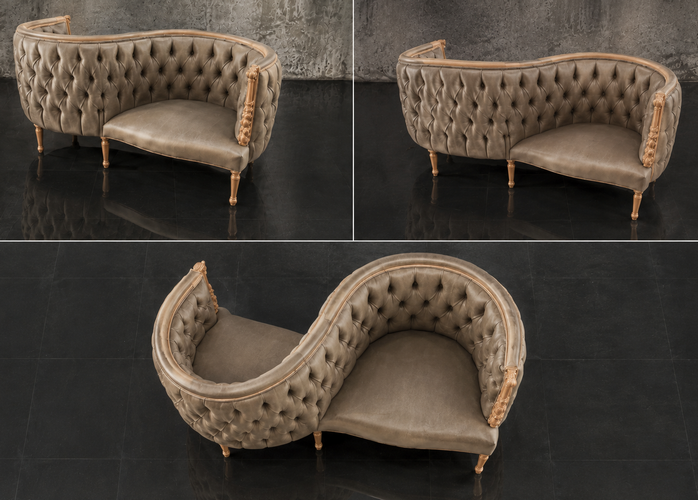 Fauteuil confident 2 places baroque cuir capitonné pieds sculptés Meubles Dobois