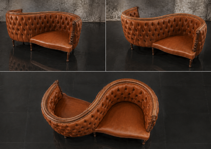 Fauteuil confident 2 places baroque cuir marron capitonné Meubles Dobois