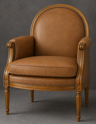 Fauteuil bergère Médaillon capitonné en velours vert clair et bois chêne moyen - LES MEUBLES DOBOIS