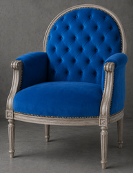 Fauteuil bergère Médaillon capitonné style Louis XVI en lin vert foncé et bois gris foncé - LES MEUBLES DOBOIS