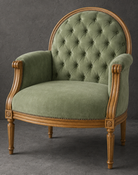 Fauteuil Médaillon bergère en velours jaune moutarde et bois chêne foncé - LES MEUBLES DOBOIS