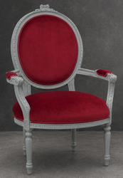 Fauteuil de salon Médaillon Louis XVI, cuir bordeaux capitonné et bois gris foncé – LES MEUBLES DOBOIS