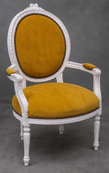 Grand fauteuil Médaillon baroque, lin gris foncé capitonné et bois cérusé gris – LES MEUBLES DOBOIS
