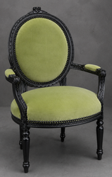 Fauteuil Médaillon style Louis XVI, lin rose capitonné et bois gris – LES MEUBLES DOBOIS