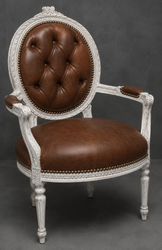 Fauteuil Médaillon baroque Louis XVI, cuir noir et bois argenté – LES MEUBLES DOBOIS