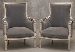 Fauteuil Empire en velours beige avec bois sculpté patiné - Meubles DOBOIS