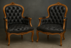 Fauteuil bergère cabriolet en gondole style Louis XV bois chêne ancien et cuir noir capitonné LES MEUBLES DOBOIS