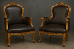 Fauteuil bergère cabriolet en gondole style Louis XV bois moyen ancien et cuir brun foncé LES MEUBLES DOBOIS