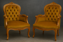 Fauteuil bergère cabriolet en gondole style Louis XV bois vernis et velours jaune moutarde capitonné LES MEUBLES DOBOIS