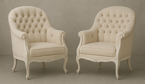 Fauteuil baroque Louis XV velours blanc cassé et bois sculpté LES MEUBLES DOBOIS