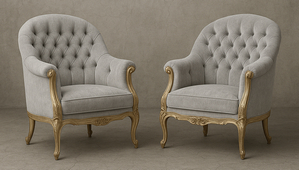 Fauteuils style Louis XV baroque bois doré et velours gris perle LES MEUBLES DOBOIS