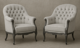 Fauteuils style Louis XV baroque capitonnés en velours gris clair LES MEUBLES DOBOIS