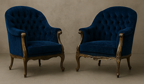 Fauteuil Louis XV baroque velours bleu nuit et bois sculpté LES MEUBLES DOBOIS