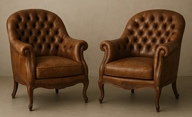 Fauteuils style Louis XV baroque cuir marron chesterfield