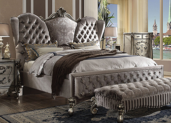 Lit baroque capitonné gris avec tête de lit haute sculptée Meubles Dobois