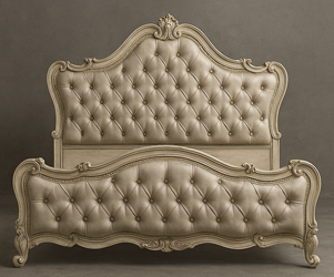 lit de style baroque cérusé blanc et cuir blanc