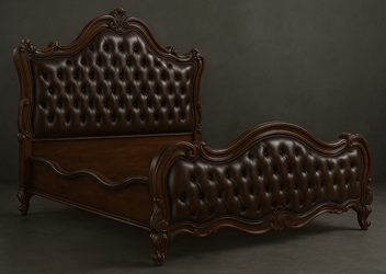 lit de style baroque en chene et cuir marron