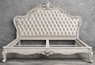 Lit Acanthus Style Baroque - Modèle Acanthus en bois ceruse blanc cuir blanc