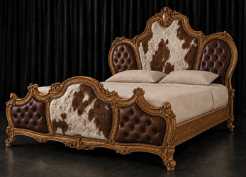 Lit baroque Versailles III en peau de vache et bois finition chêne
