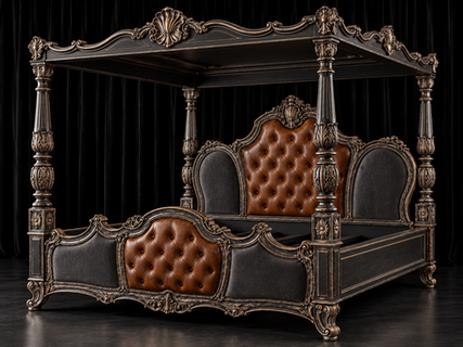 Lit à baldaquin de style château avec décor baroque sculpté