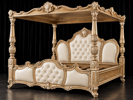 Lit baroque sur mesure avec structure de baldaquin sculptée
