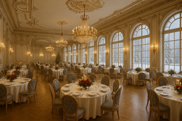 Salle de restaurant avec chaises médaillon de style Louis XVI empilables