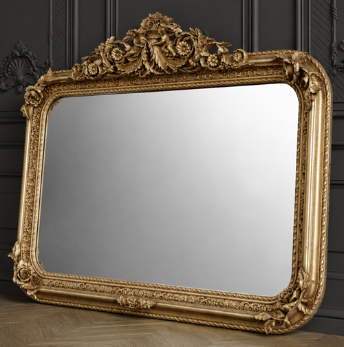 Très grand miroir baroque horizontal sur mesure en bois sculpté à la main