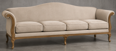 Canapé Pompadour style Louis XV avec bois sculpté et tissu capitonné